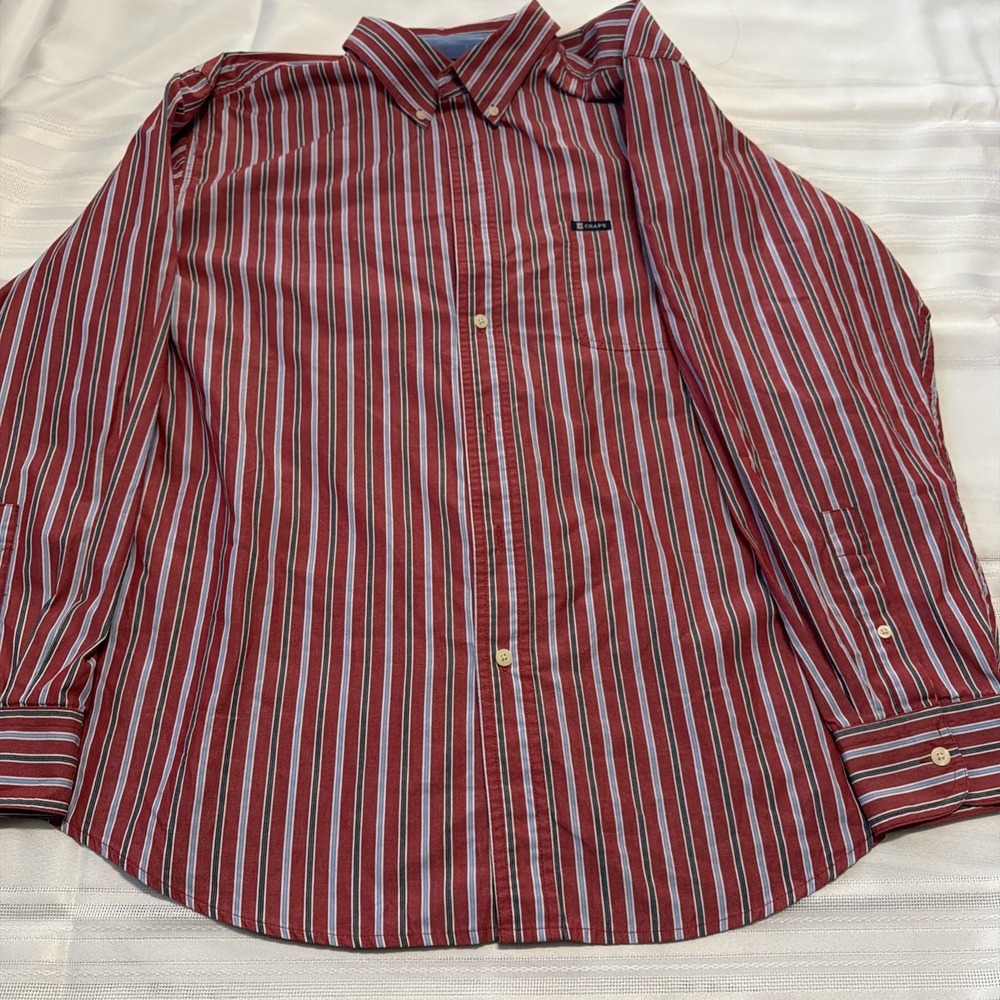 Chaps Easy Care Woven Stripe Button-Down Long Sleeve Shirt M Red/White/Blue NWT